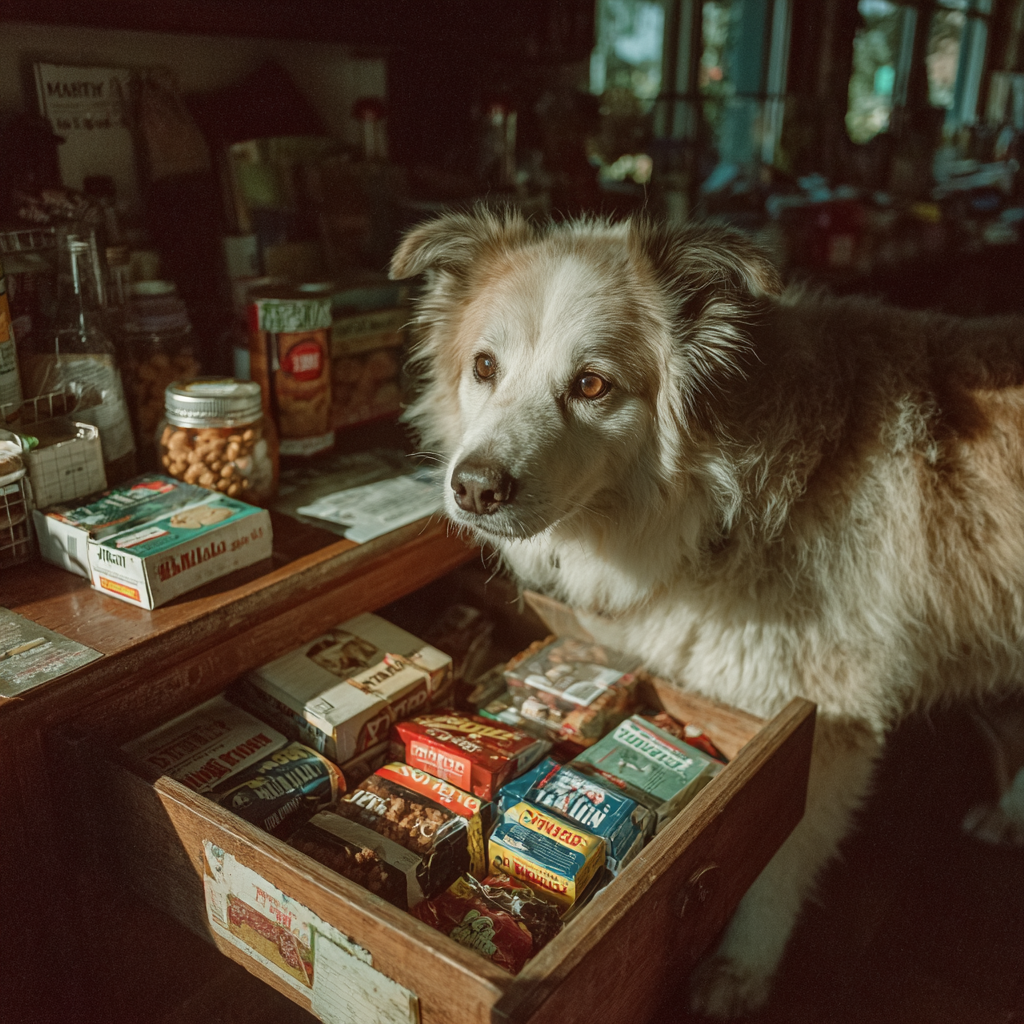 A dog standing over an open snack drawer | Source: Midjourney