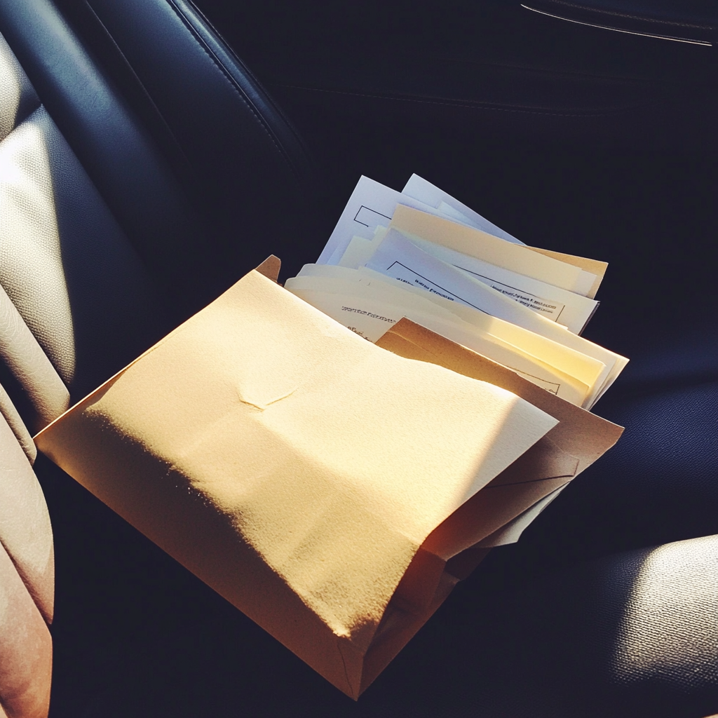 Documents on a car seat | Source: Midjourney