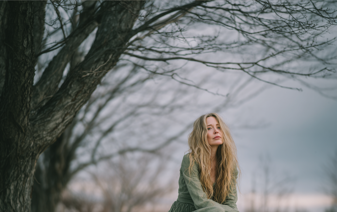 An emotional woman sitting under a tree | Source: Midjourney