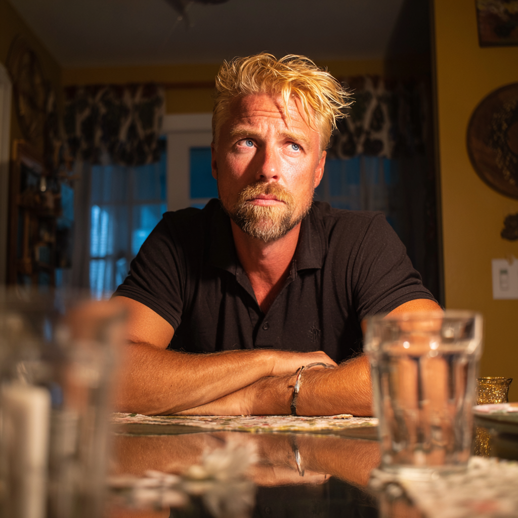An unimpressed man sitting at a dining table | Source: Midjourney