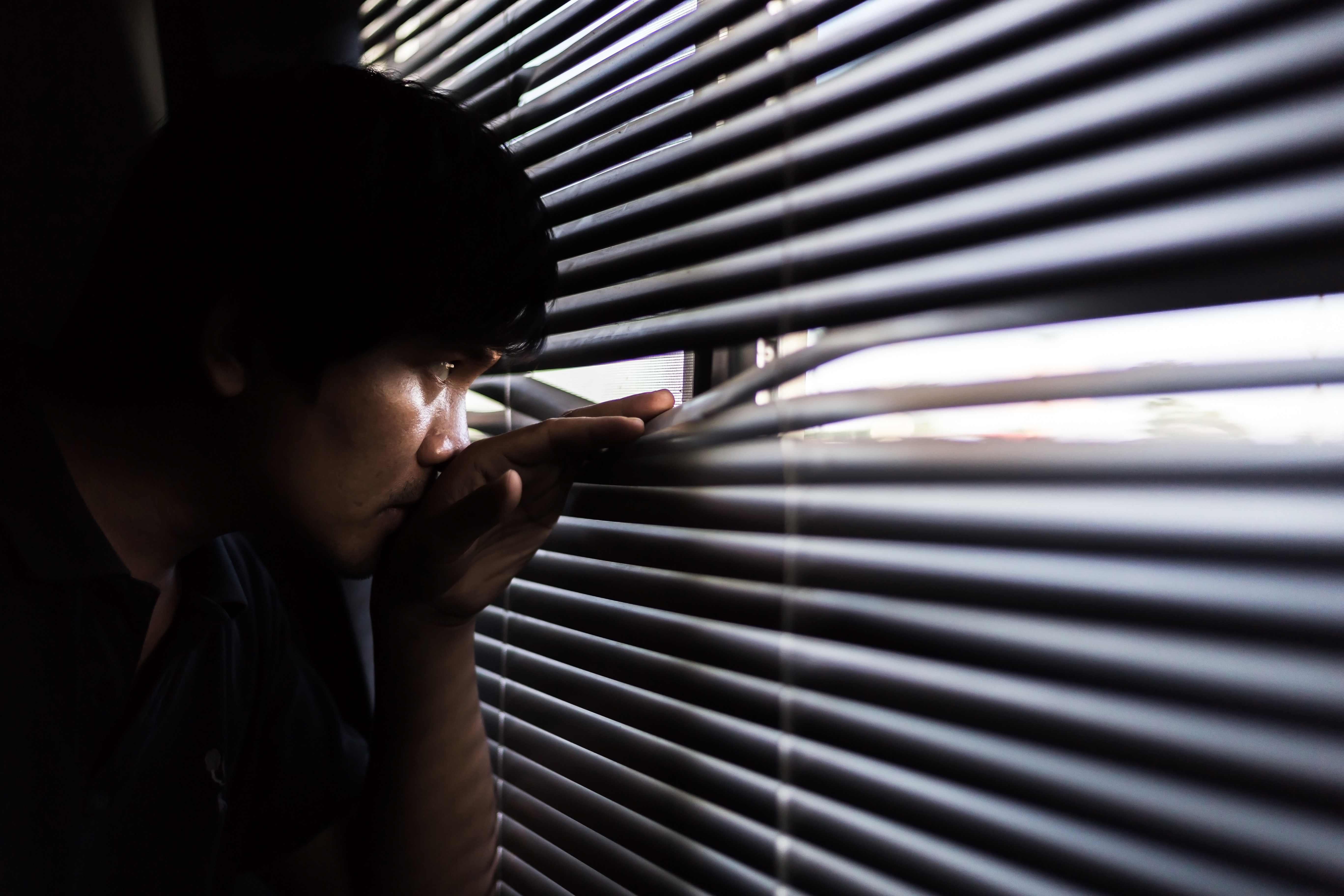 Male eyes spying through roller blind | Source: Shutterstock