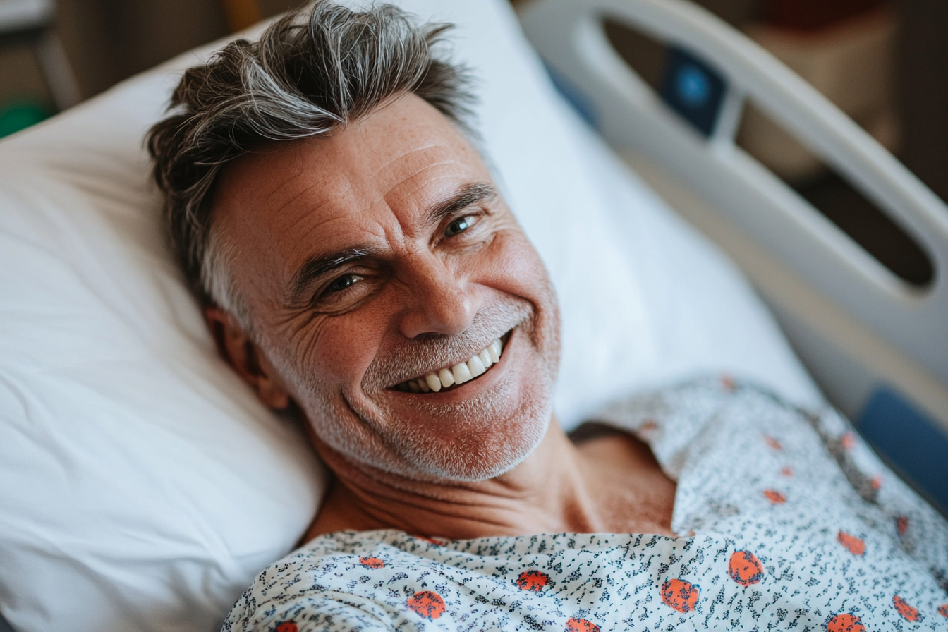 A man in a hospital bed smiling at someone | Source: Midjourney