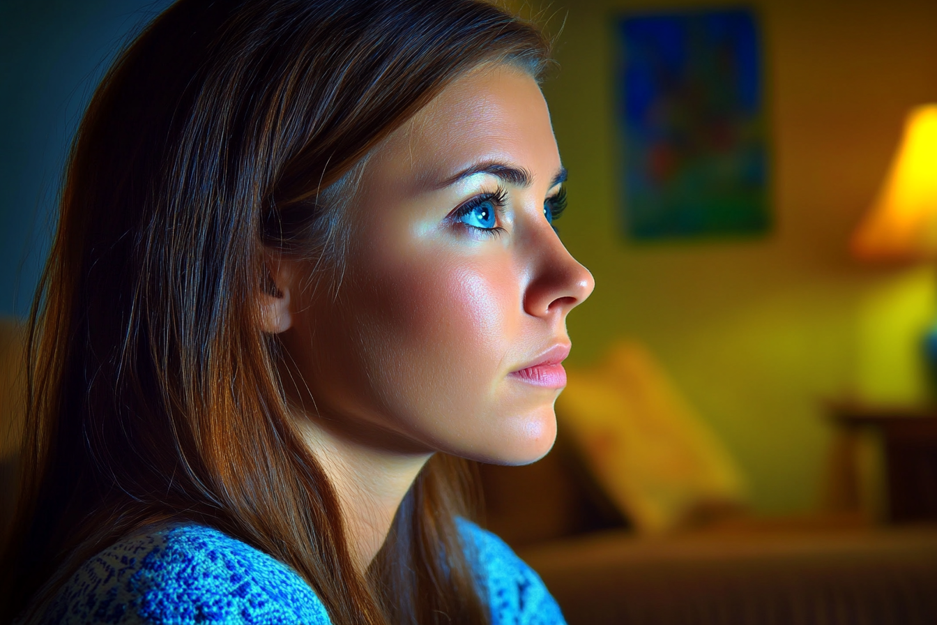 A thoughtful woman in a living room | Source: Midjourney