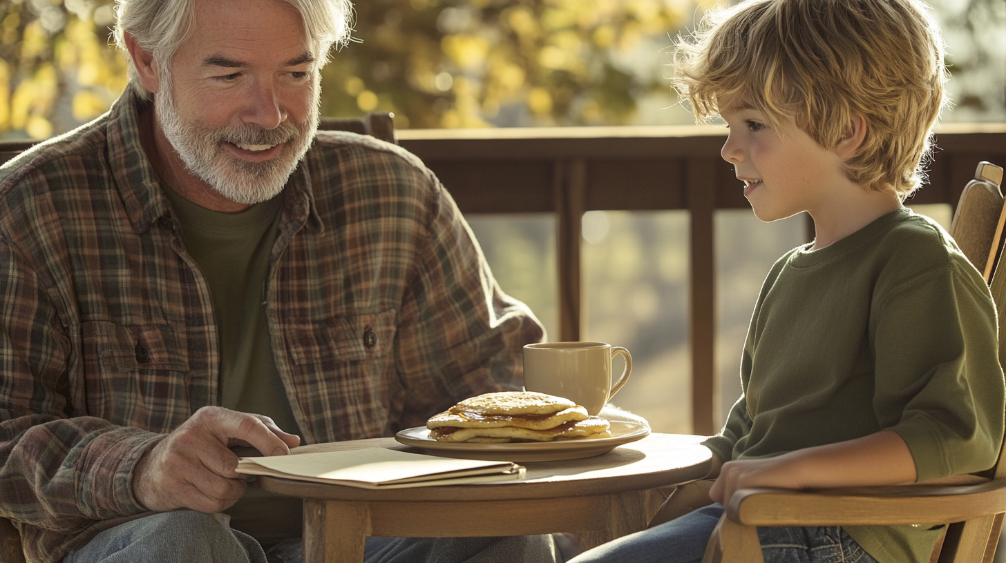 Elderly man and a boy eating pancakes on the porch | Source: Midjourney