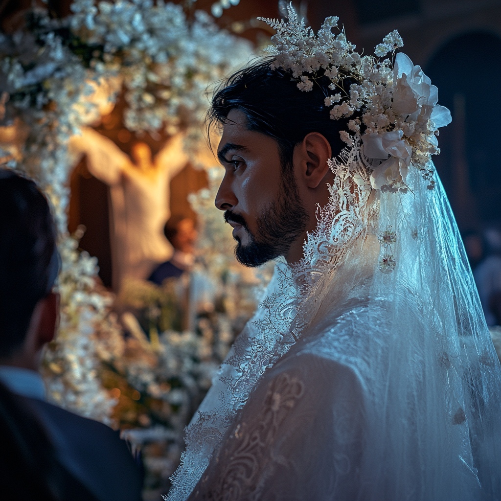 A man dressed as the bride standing at the altar | Source: Midjourney