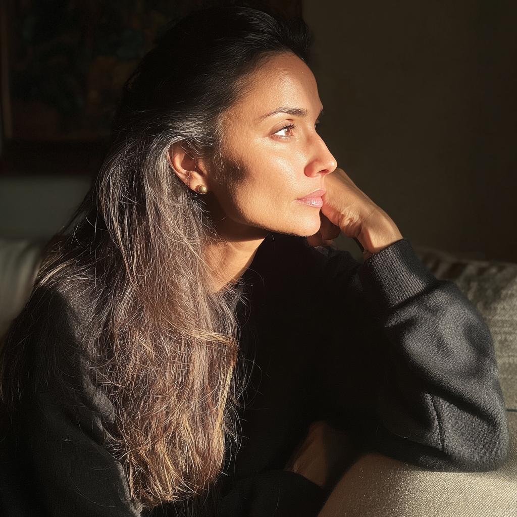 A pensive woman sitting on a couch | Source: Midjourney