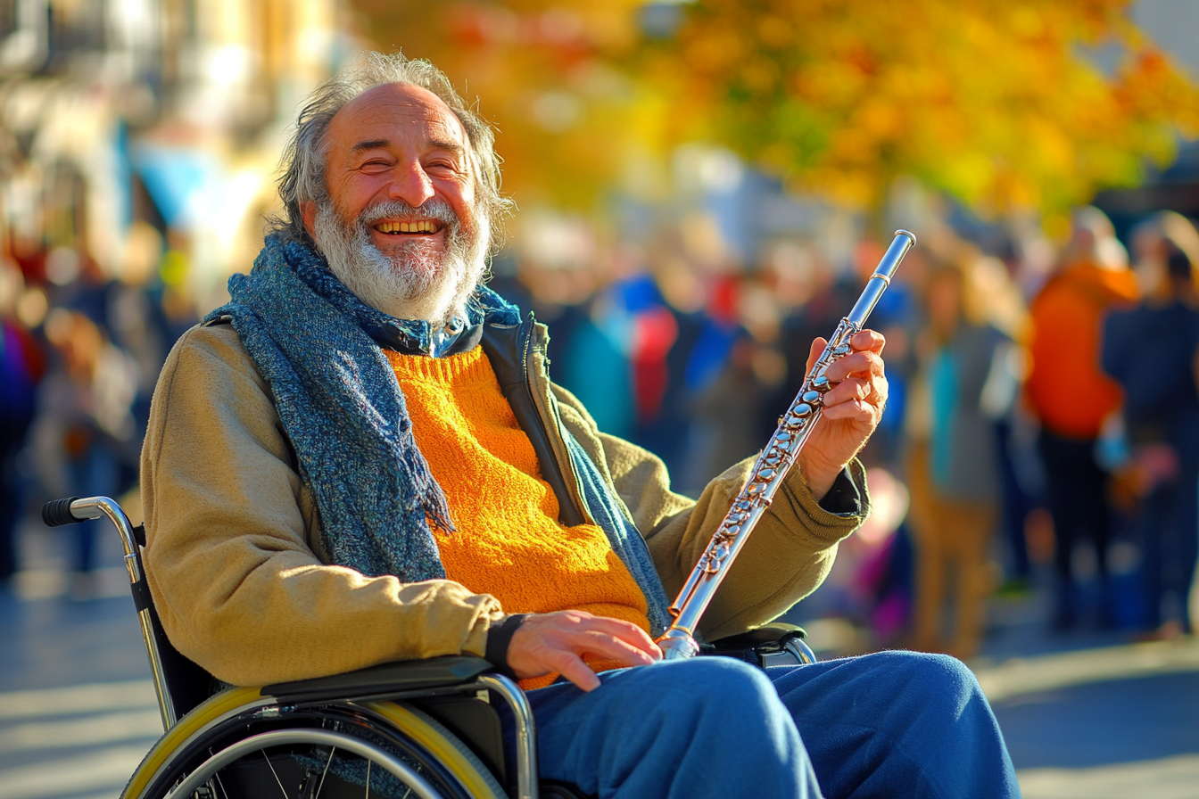 A homeless man in a wheelchair holding a flute | Source: Midjourney