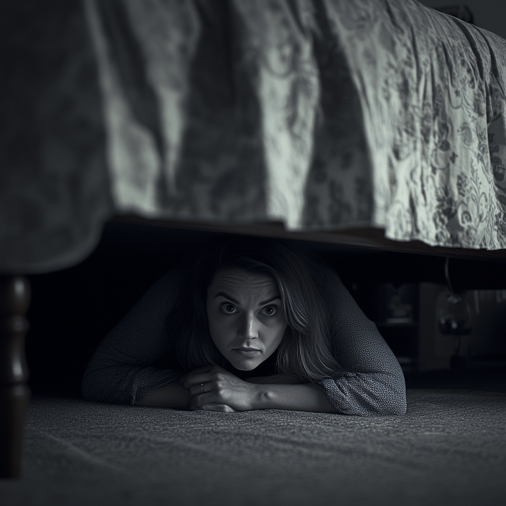 A grayscale photo of a woman hiding under her bed | Source: Midjourney