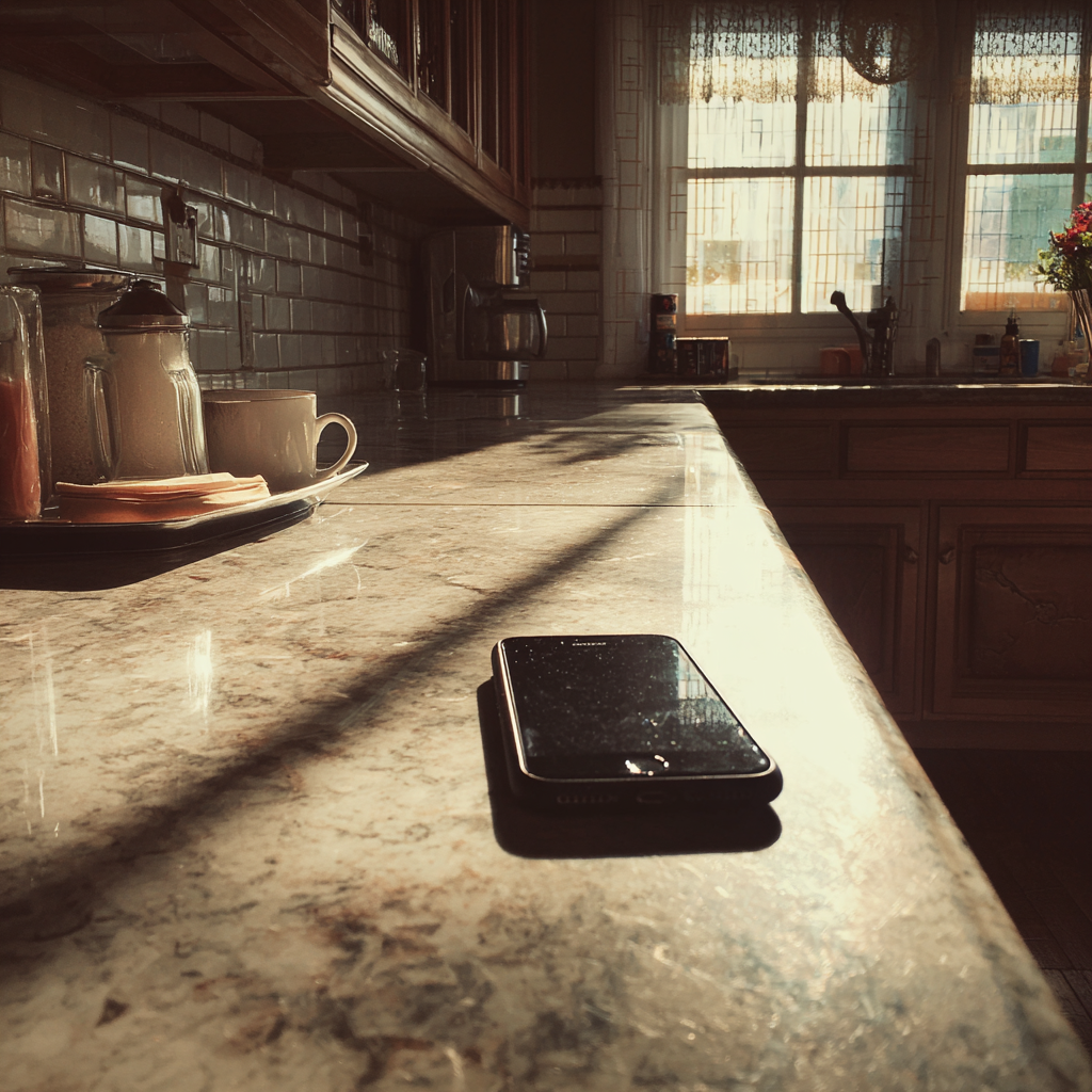 A cellphone on a kitchen counter | Source: Midjourney