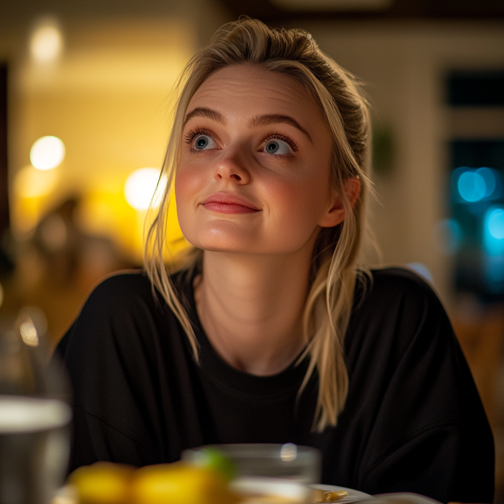 A woman looking at someone at the dinner table | Source: Midjourney