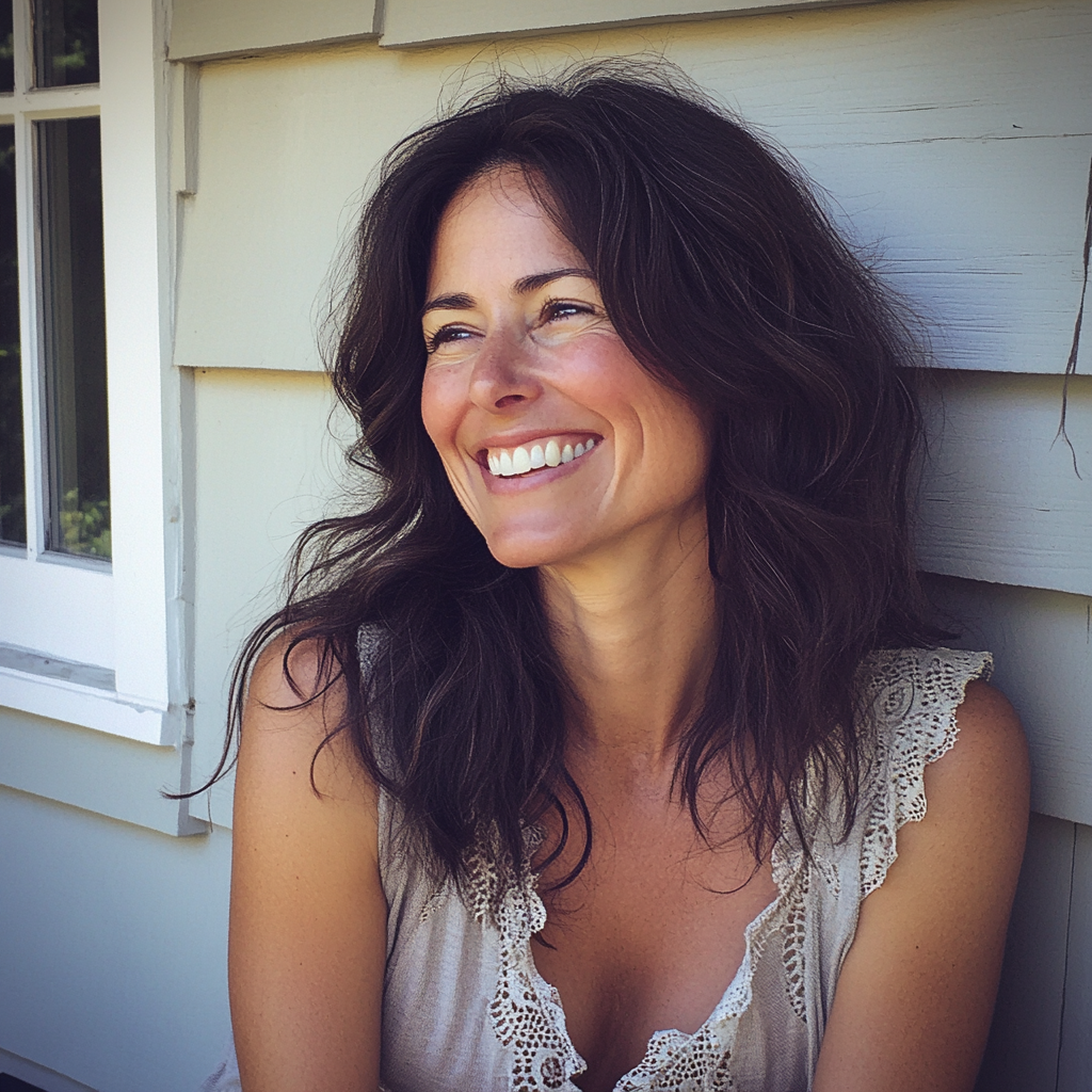 A smiling woman sitting on a porch | Source: Midjourney