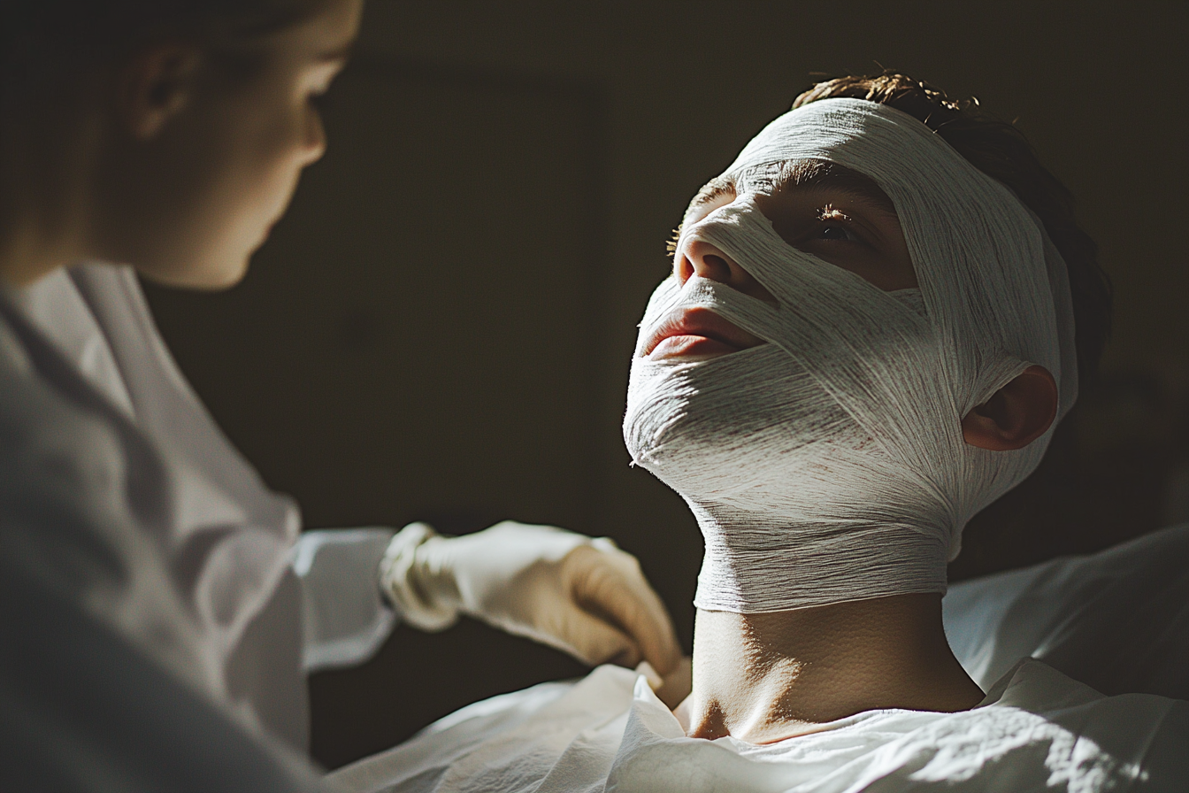 Doctor attending to a patient covered in bandages | Source: Midjourney