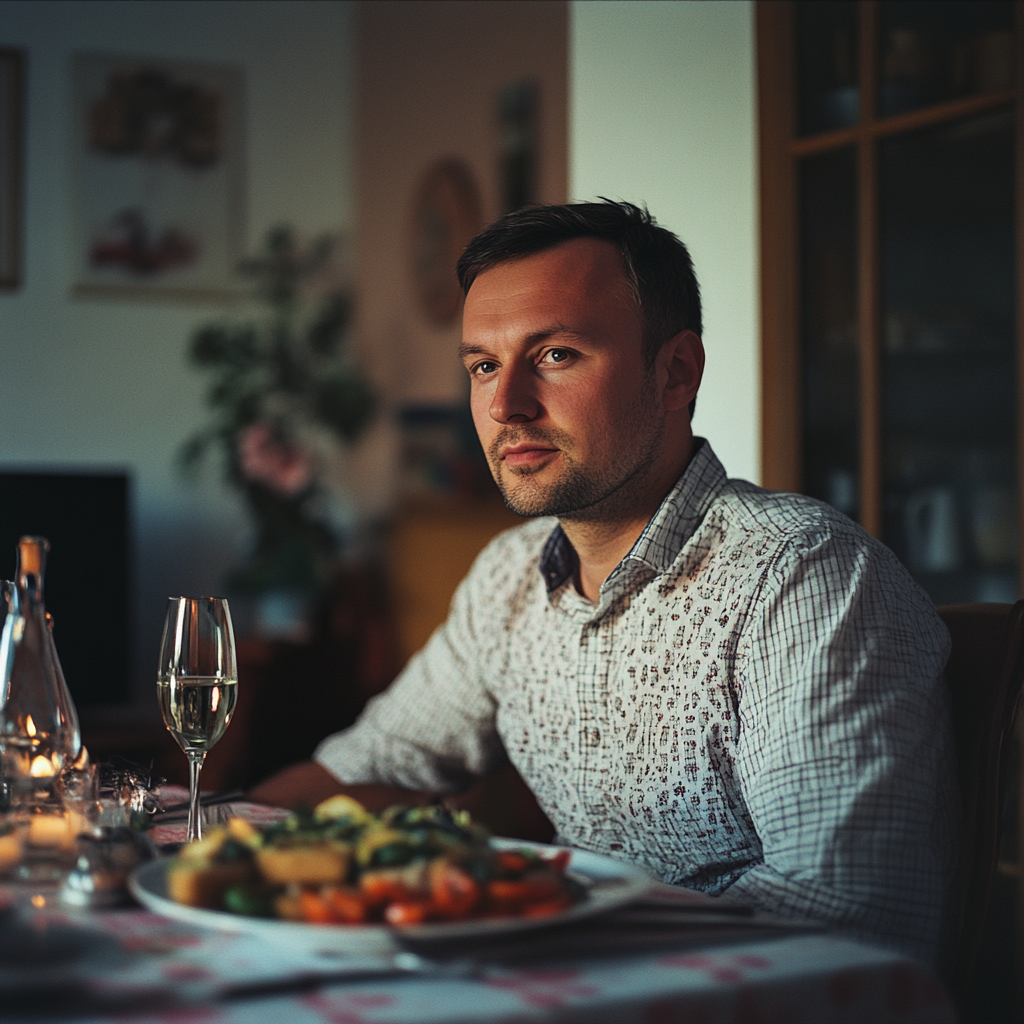 A serious man at a festive table | Source: Midjourney