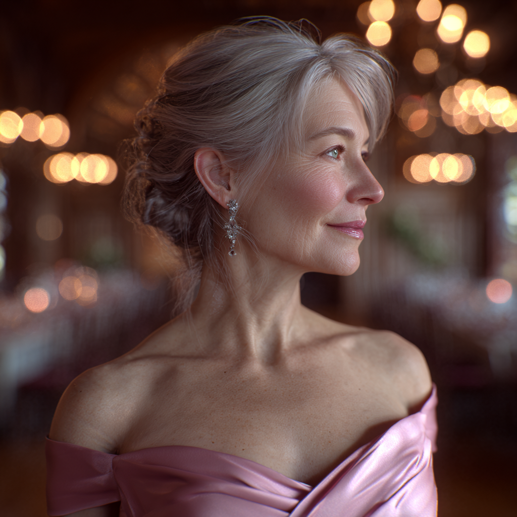 A senior woman looking happy in her pink dress | Source: Midjourney
