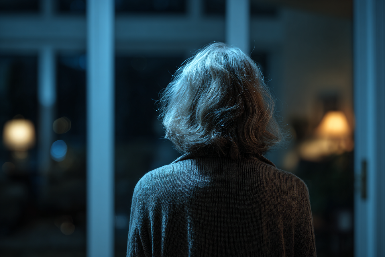 Back-view shot of an older woman standing in her house | Source: Midjourney