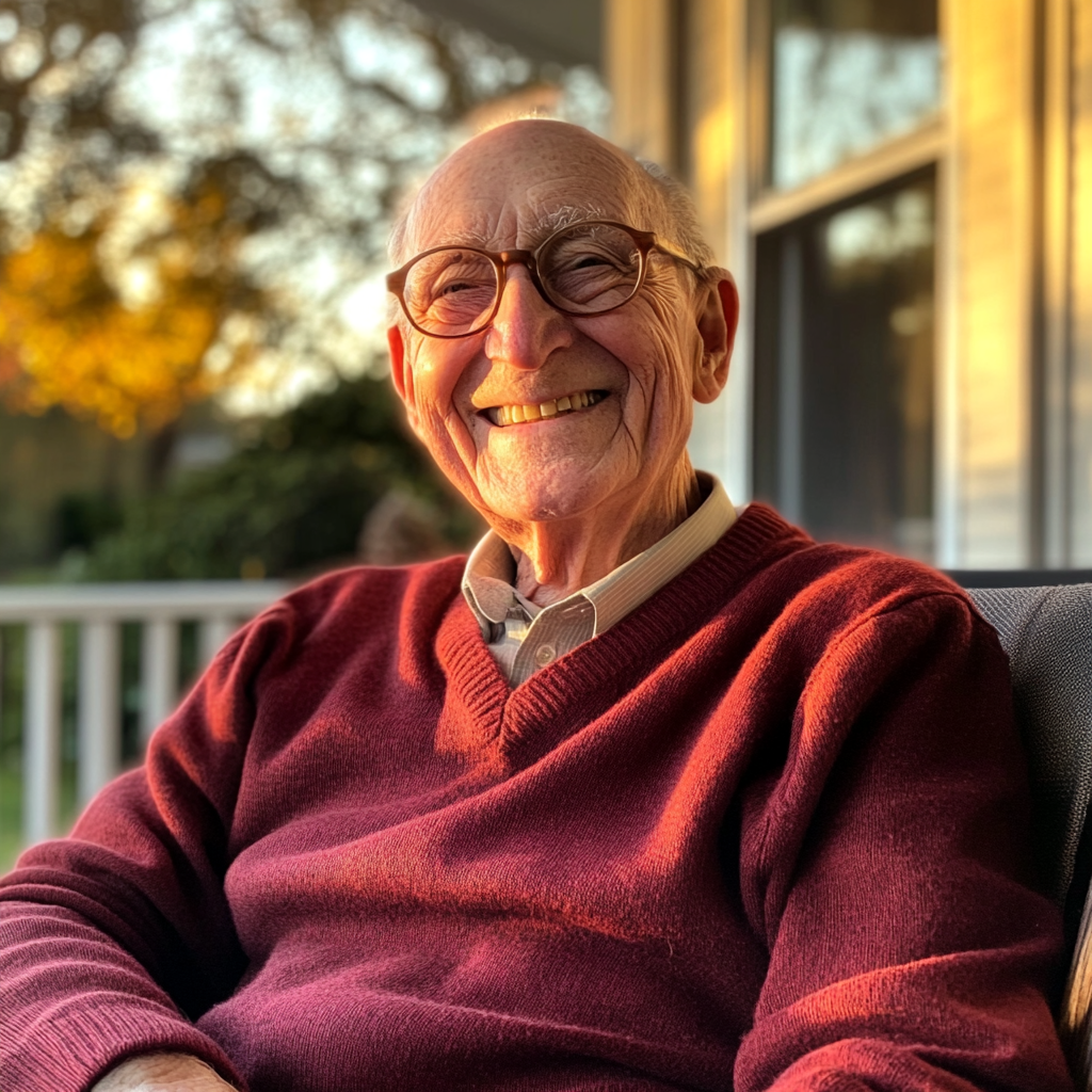 A smiling old man sitting on a porch in a red sweater | Source: Midjourney