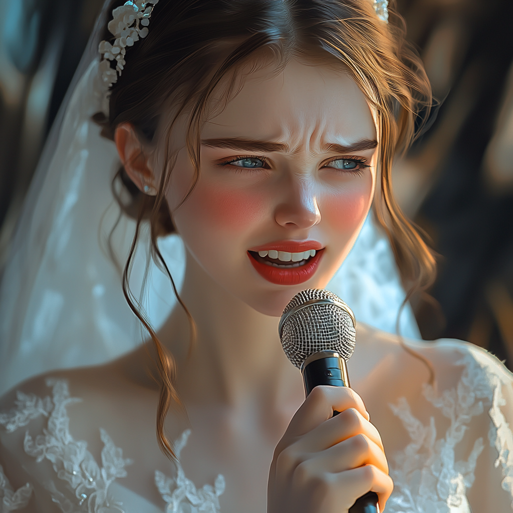 An emotional bride delivering her speech at her wedding | Source: Midjourney