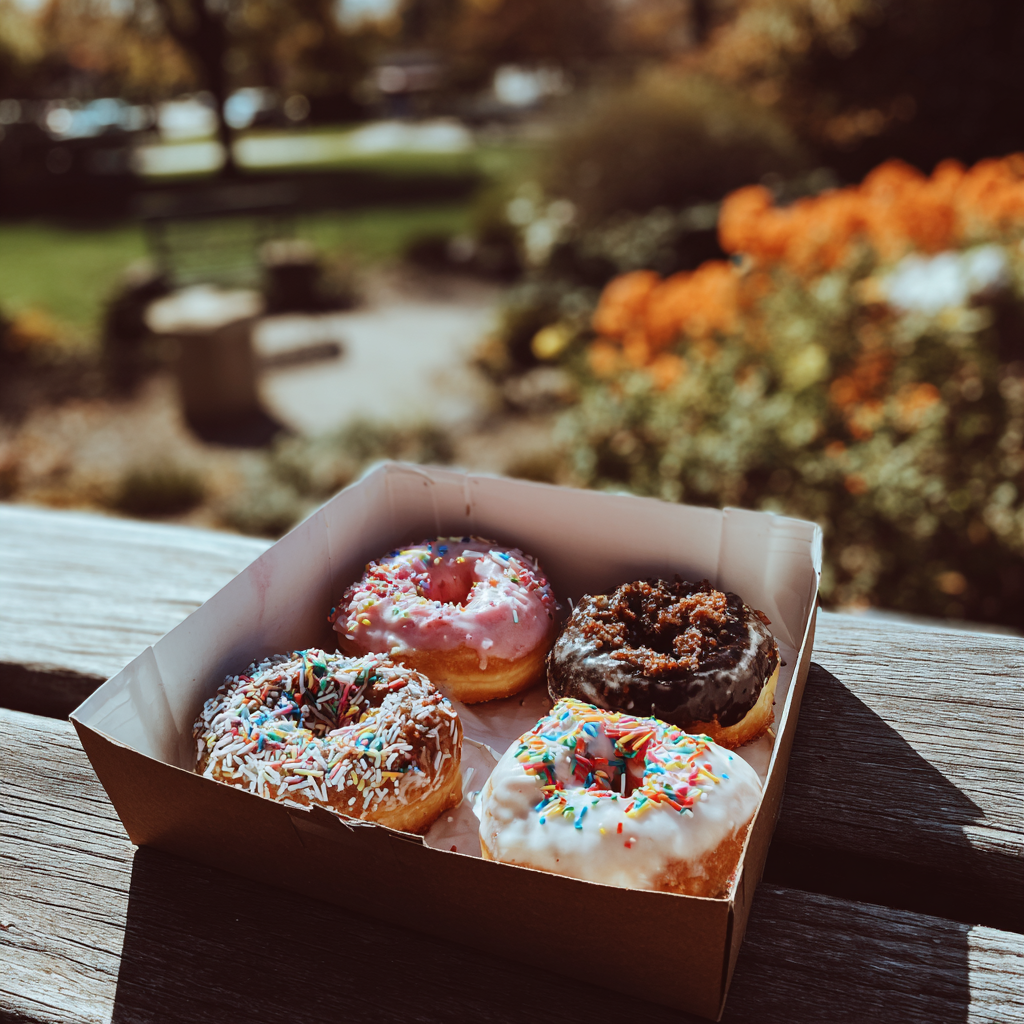 A box of donuts on a park bench | Source: Midjourney