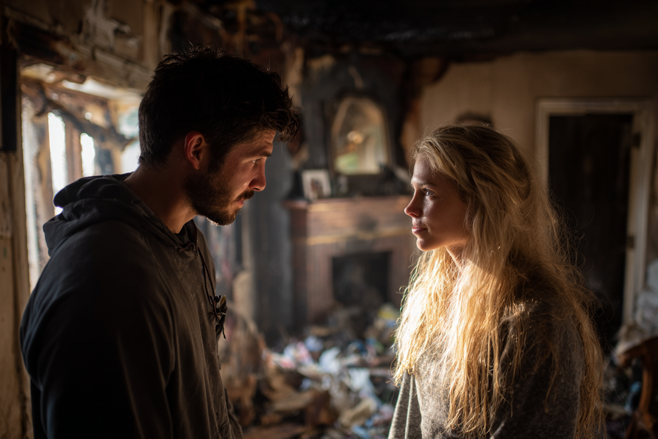 A man and woman having a heartfelt conversation in a house damaged by a fire | Source: Midjourney