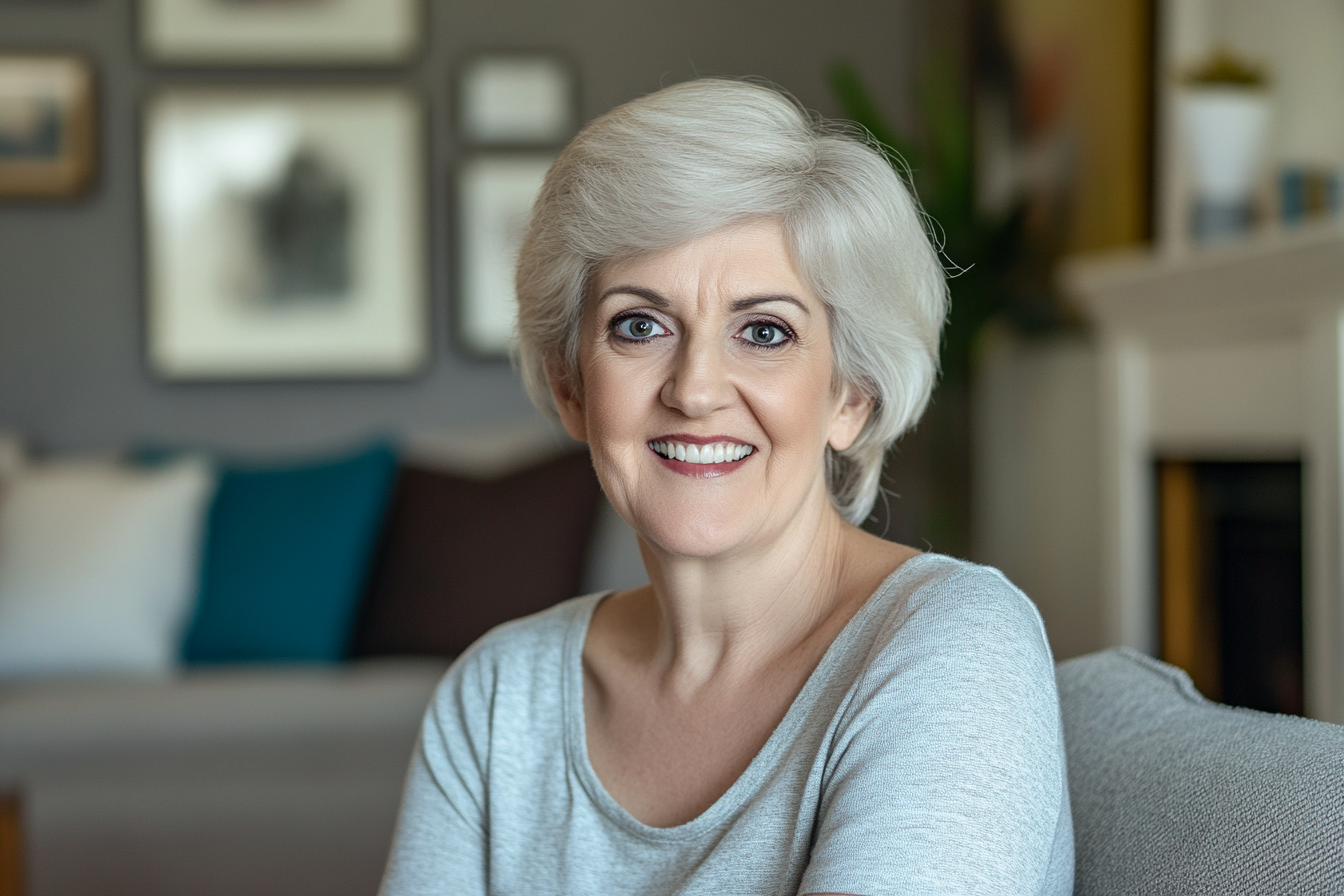 A woman in a living room smiling | Source: Midjourney