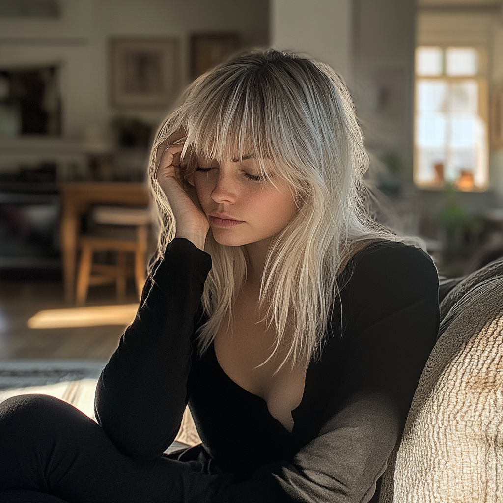 An upset woman sitting on a couch | Source: Midjourney