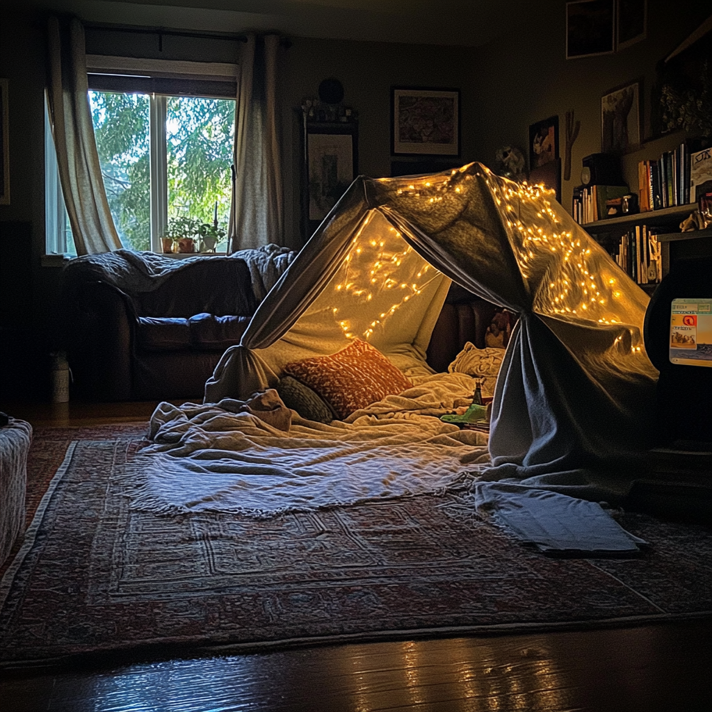 A blanket fort in a living room | Source: Midjourney