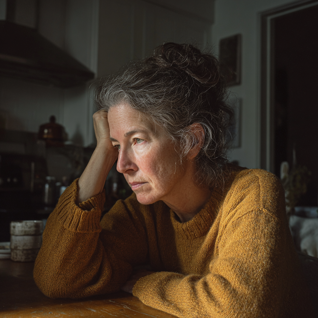An upset older woman holding her head | Source: Midjourney