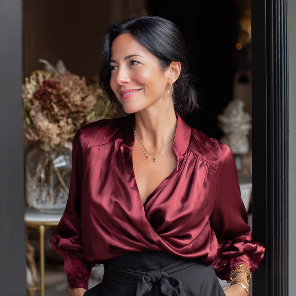 A smiling woman wearing a silk blouse | Source: Midjourney