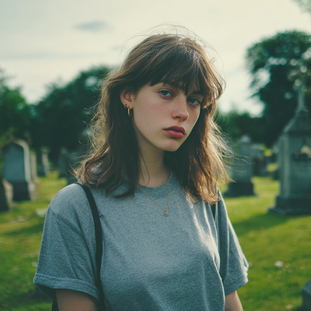 A pensive young woman standing in a cemetery | Source: Midjourney