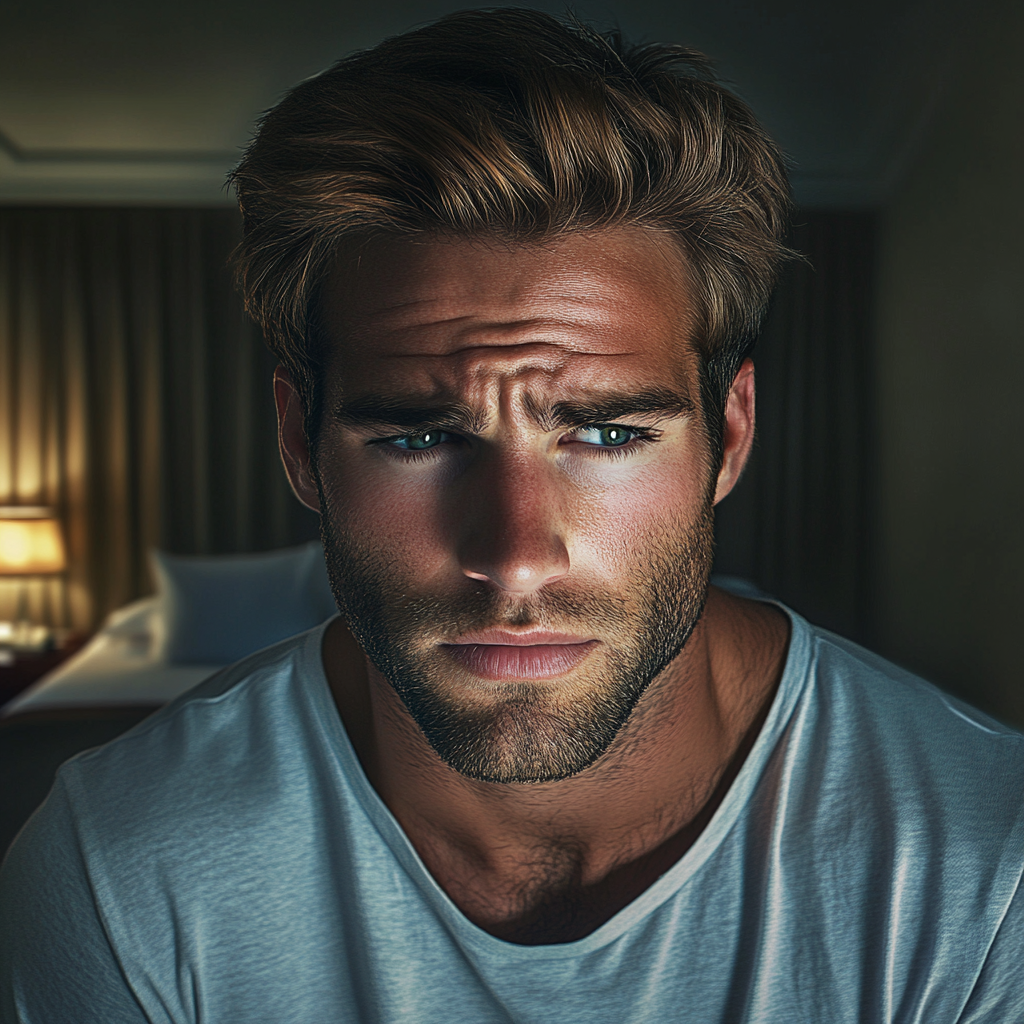 An upset young man in a hotel room | Source: Midjourney