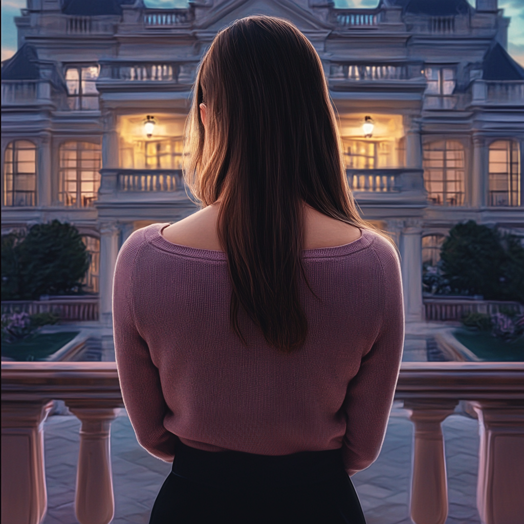 A woman standing before a mansion | Source: Midjourney