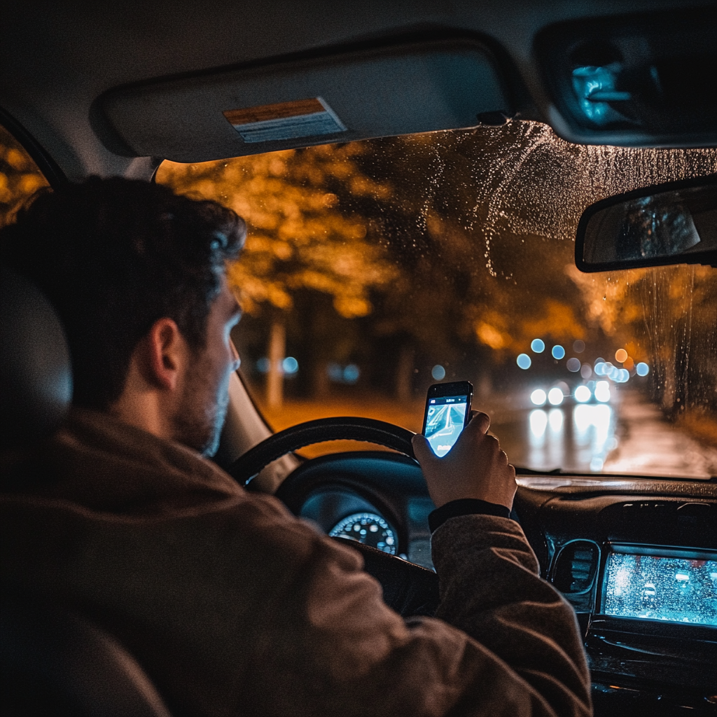 A man looking at his phone while driving | Source: Midjourney