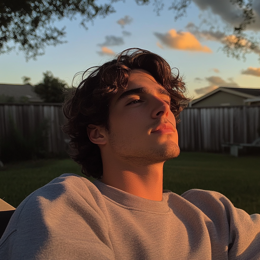 A young man sitting in a backyard | Source: Midjourney