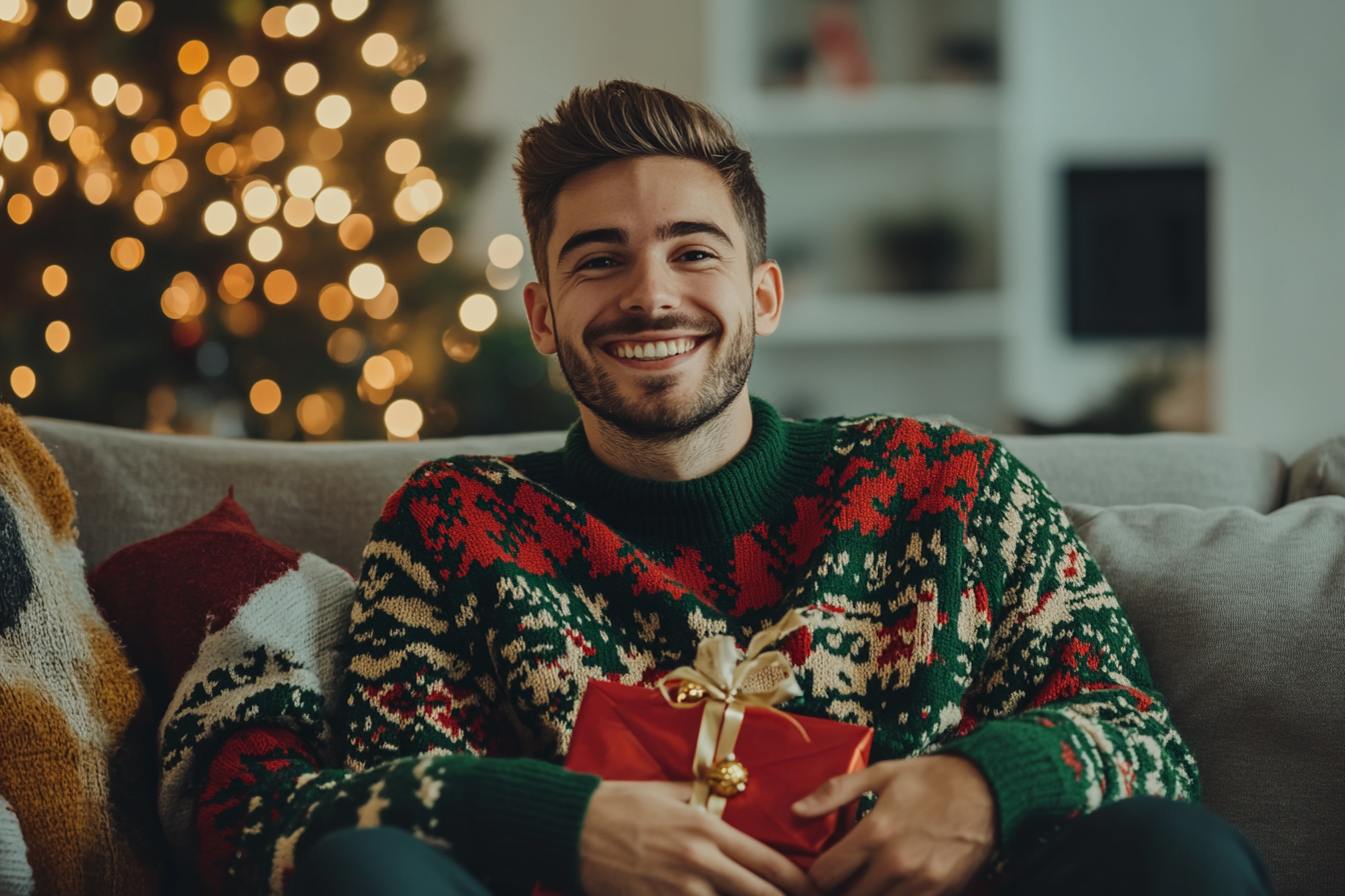 A happy man sitting in a living room on Christmas | Source: Midjourney