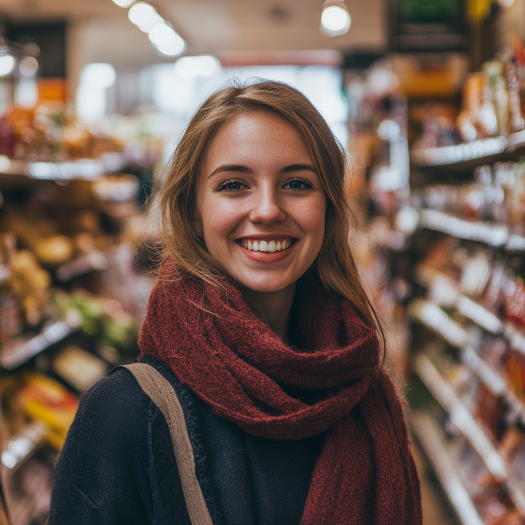 A smiling woman wearing a red scarf | Source: Midjourney