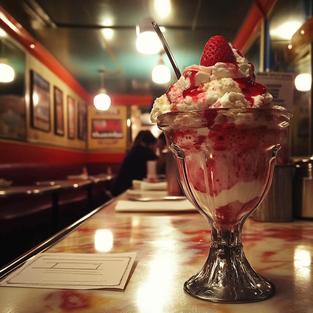 An ice cream sundae on a table | Source: Midjourney