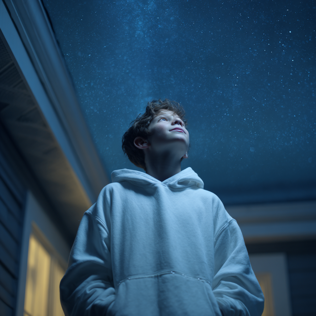 A curious boy gazing at the night sky | Source: Midjourney