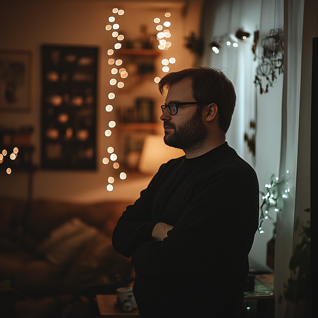 Un homme sérieux debout dans son salon | Source : Midjourney