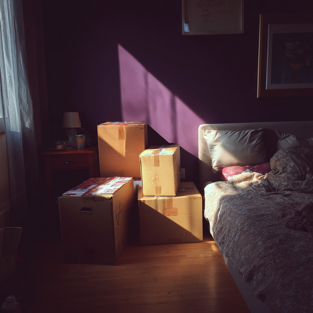 Cardboard boxes in a bedroom | Source: Midjourney