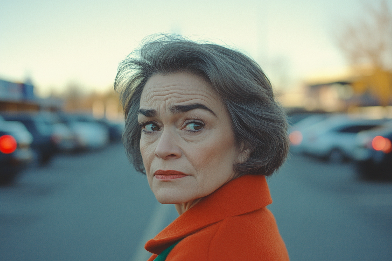 A worried woman standing in a parking lot | Source: Midjourney