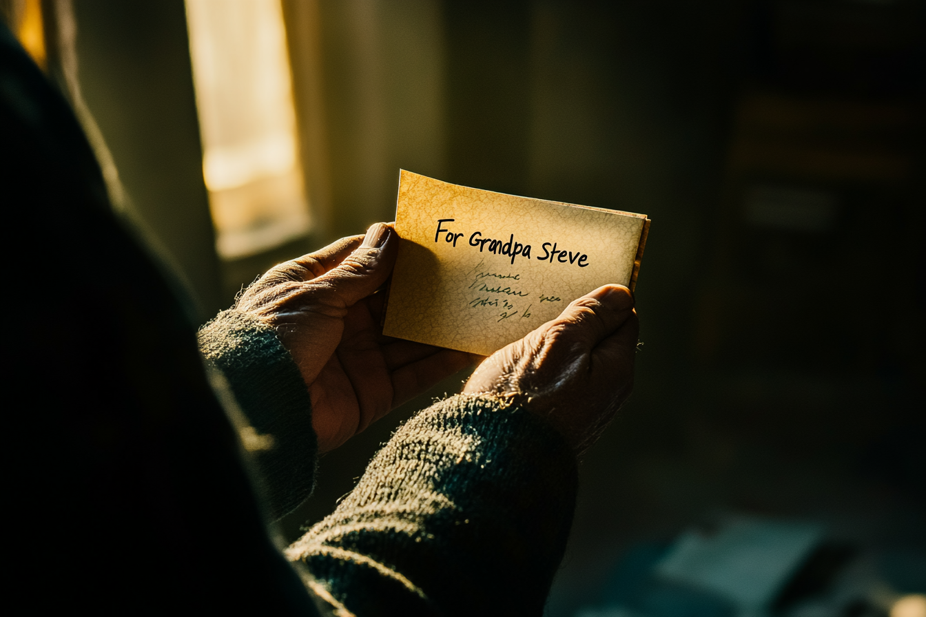 Man holding a letter saying "For Grandpa Steve" | Source: Midjourney