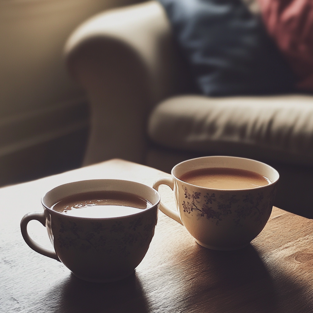 Tazas de té en una mesa de centro | Fuente: Midjourney