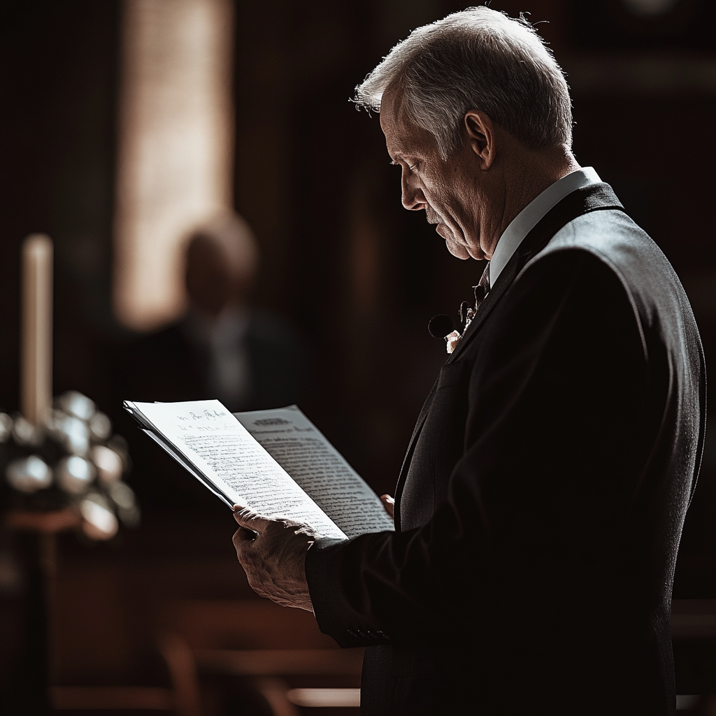 Senior man reading a letter at a funeral | Source: Midjourney