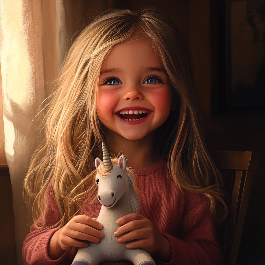 A cheerful little girl holding a unicorn plushie | Source: Midjourney