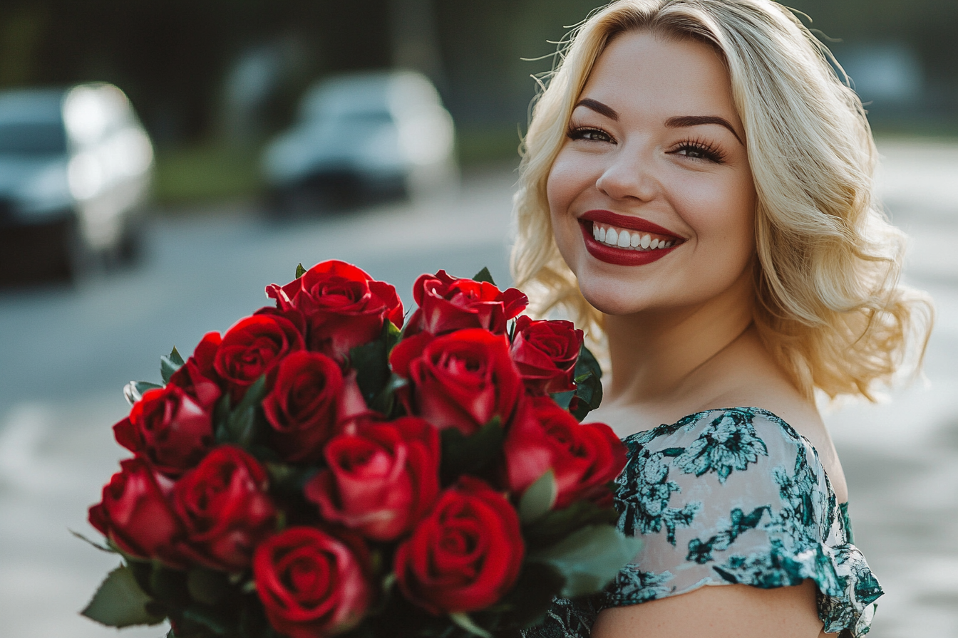 A smiling woman holding a bouquet | Source: Midjourney