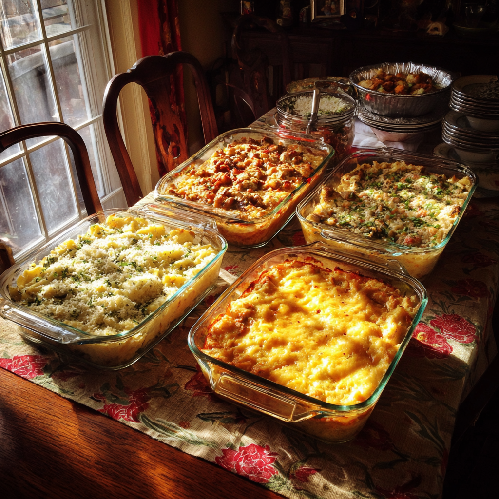 Casseroles of food on a table | Source: Midjourney