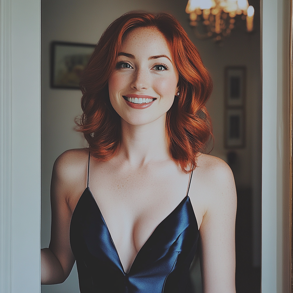 A smiling woman wearing a blue satin dress | Source: Midjourney