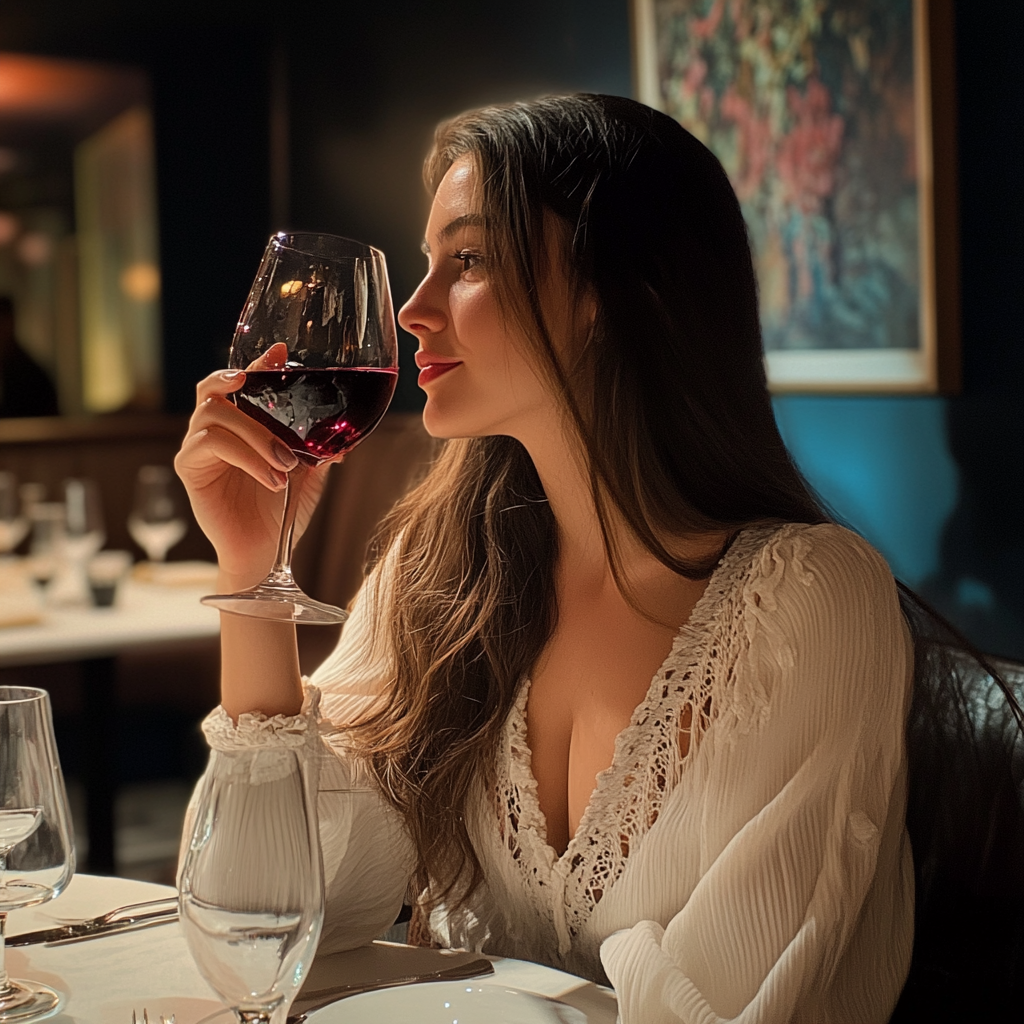 Woman enjoying a glass of wine at a fancy restaurant | Source: Midjourney