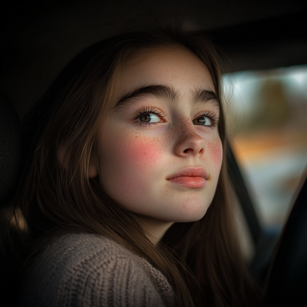 A teenage girl sitting in a car and looking away | Source: Midjourney