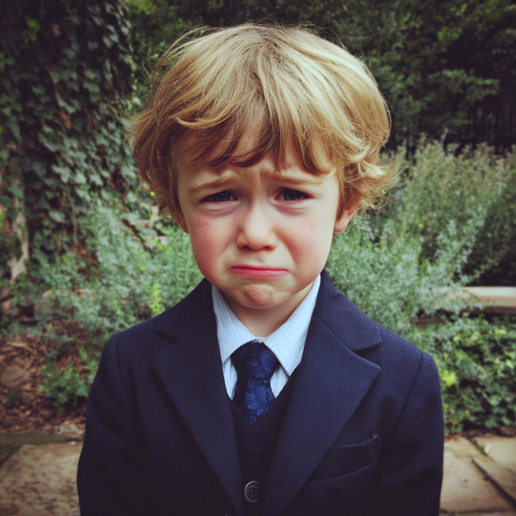 A crying little boy in a navy suit | Source: Midjourney